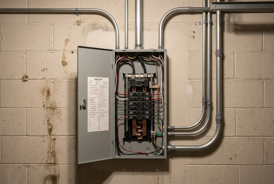 the after state of one garage wall photographed square-on: a new 200-amp panel with clean conduit runs and a typed breaker directory, identical framing and identical light