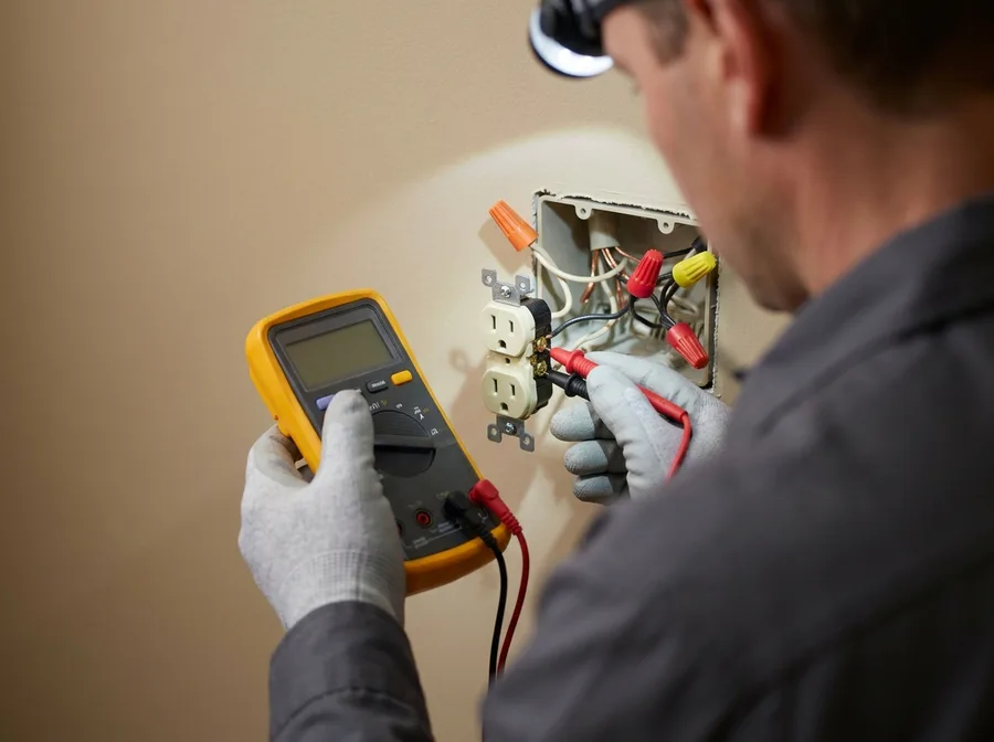 close over the shoulder, an electrician's hands holding a multimeter with both probes on the terminals of an opened wall outlet box, wire nuts and a headlamp beam in frame, wall out of focus behind