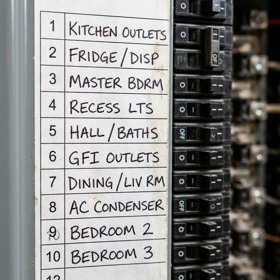 macro shot tight on a new panel's breaker directory card, hand-printed circuit names beside numbered breaker switches, no panel body in frame
